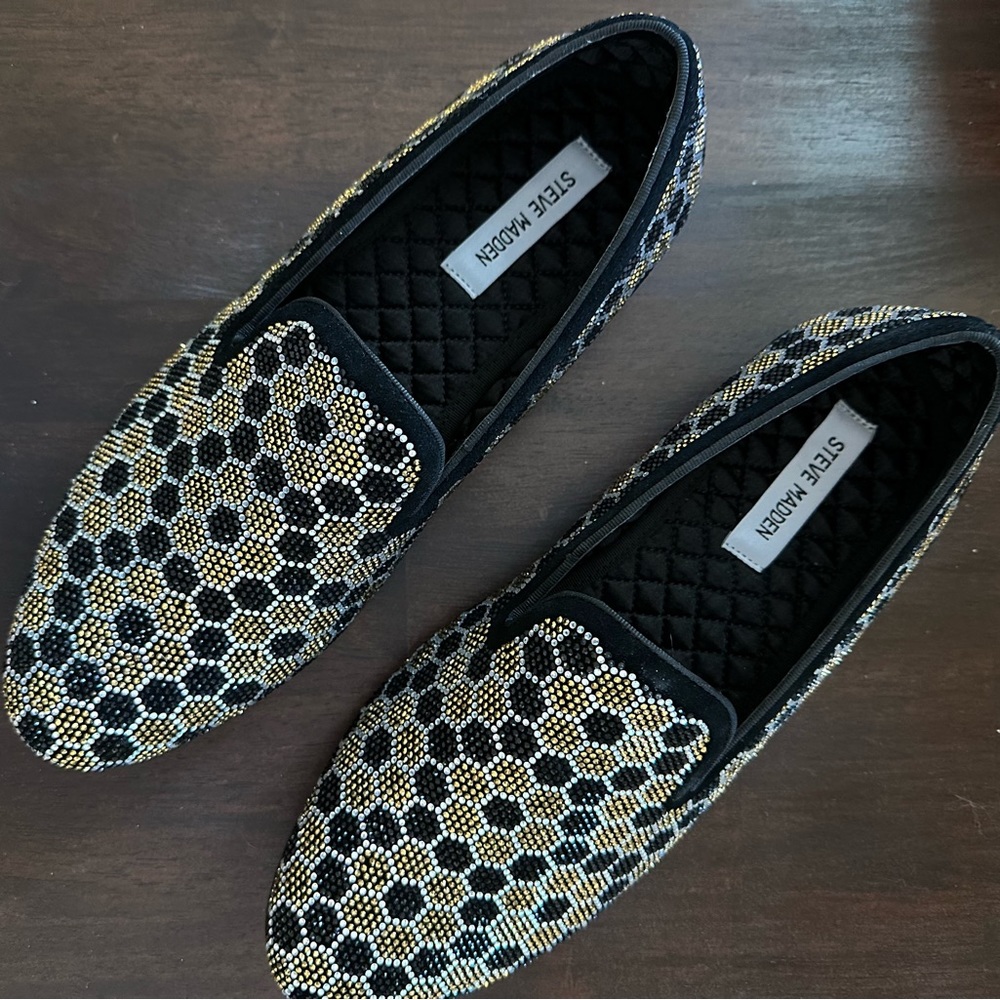 Steve Madden Men's Caspian Loafer Black and Gold Rhinestone Size 10